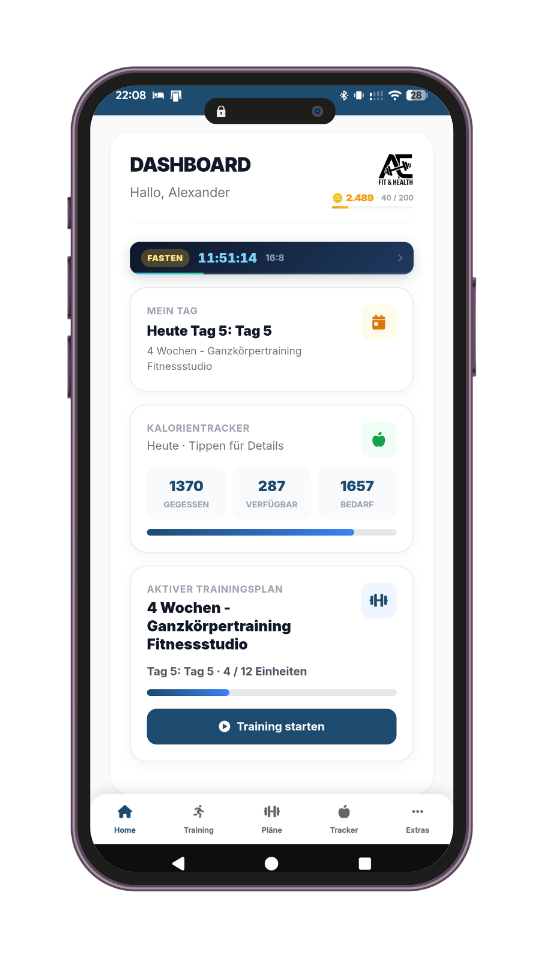 Dashboard mit Kalorientracker und Trainingsfortschritt